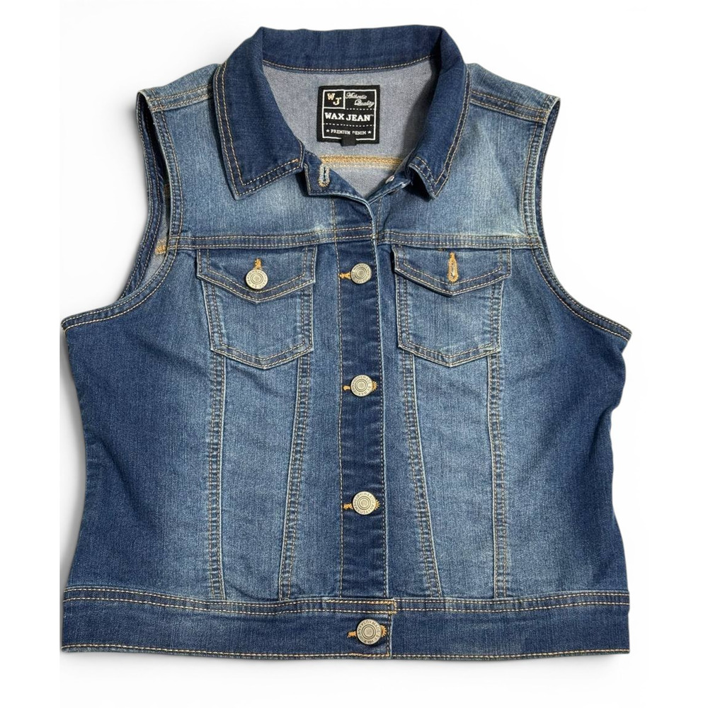 Wax Jean Denim Vest Womens Small Blue Sleeveless Jean Jacket Casual